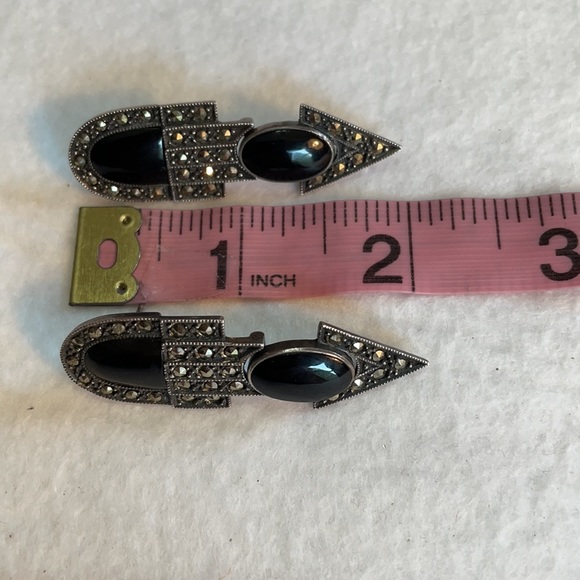 VTG Art Deco onyx and marcasite sterling articulated earrings pierced 2” - Picture 10 of 11